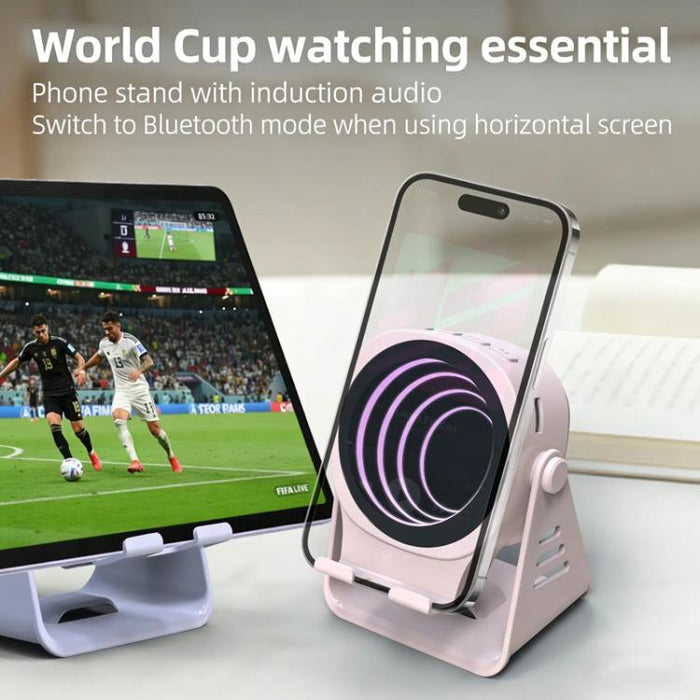 Altavoz inalámbrico de inducción con soporte para teléfono, altavoz Bluetooth multifuncional de escritorio con luz nocturna.