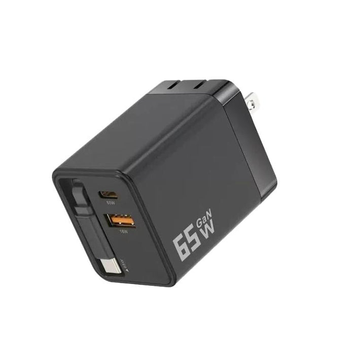 Cargador de pared GaN de 65 W con cable USB-C retráctil integrado y bloque de carga rápida de 3 puertos., US Plug, EU Plug, UK Plug