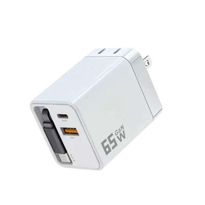 Cargador de pared GaN de 65 W con cable USB-C retráctil integrado y bloque de carga rápida de 3 puertos., US Plug, EU Plug, UK Plug