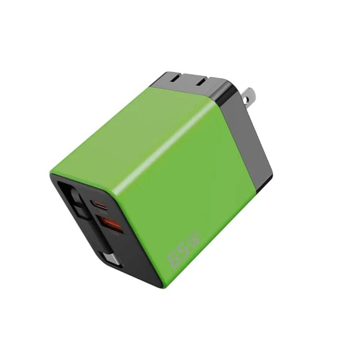 Cargador de pared GaN de 65 W con cable USB-C retráctil integrado y bloque de carga rápida de 3 puertos., US Plug, EU Plug, UK Plug