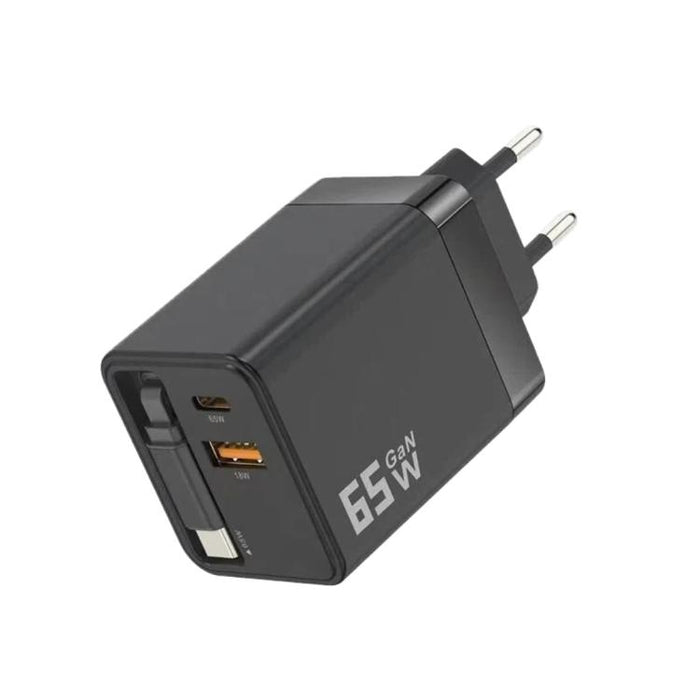 Cargador de pared GaN de 65 W con cable USB-C retráctil integrado y bloque de carga rápida de 3 puertos., US Plug, EU Plug, UK Plug