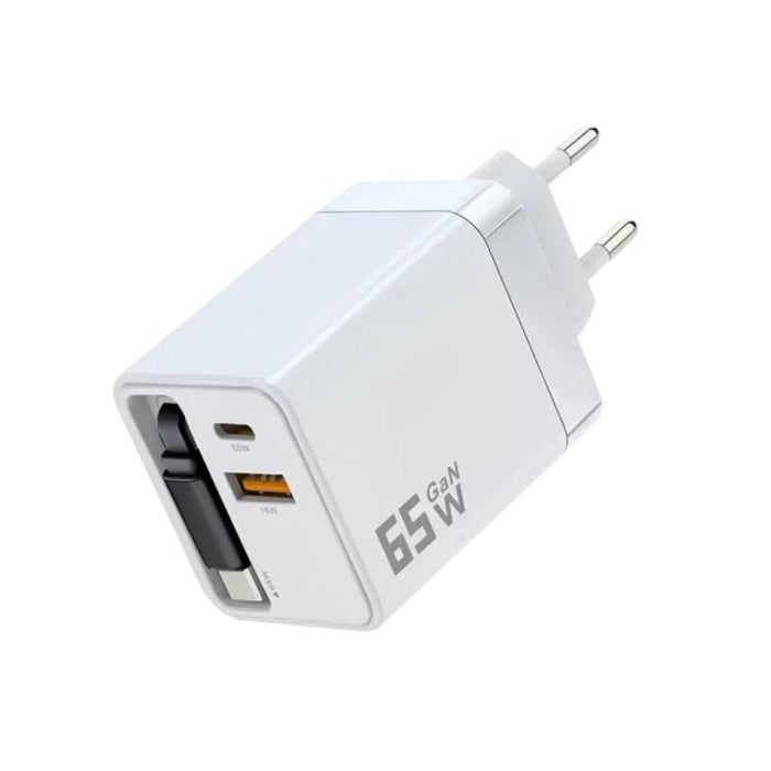 Cargador de pared GaN de 65 W con cable USB-C retráctil integrado y bloque de carga rápida de 3 puertos., US Plug, EU Plug, UK Plug