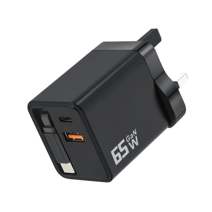 Cargador de pared GaN de 65 W con cable USB-C retráctil integrado y bloque de carga rápida de 3 puertos., US Plug, EU Plug, UK Plug