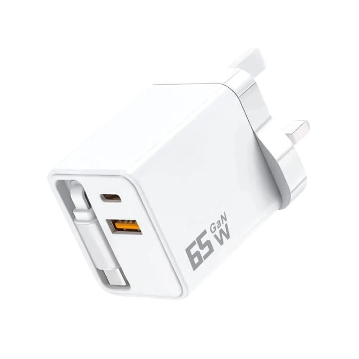 Cargador de pared GaN de 65 W con cable USB-C retráctil integrado y bloque de carga rápida de 3 puertos., US Plug, EU Plug, UK Plug