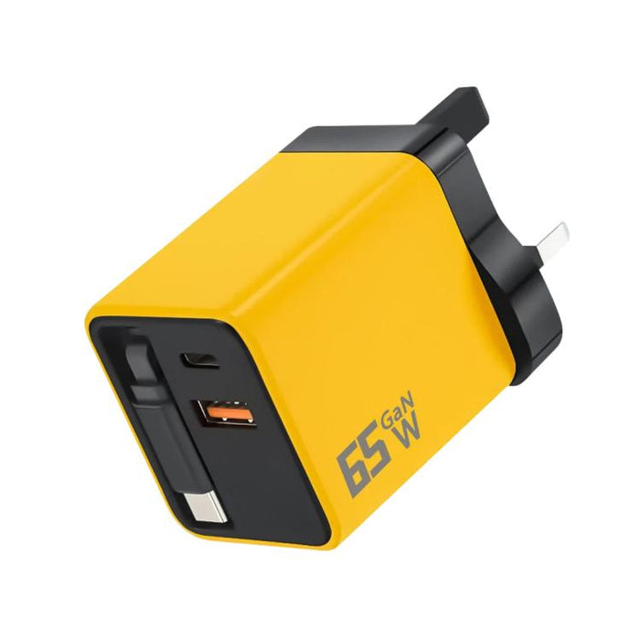 Cargador de pared GaN de 65 W con cable USB-C retráctil integrado y bloque de carga rápida de 3 puertos., US Plug, EU Plug, UK Plug