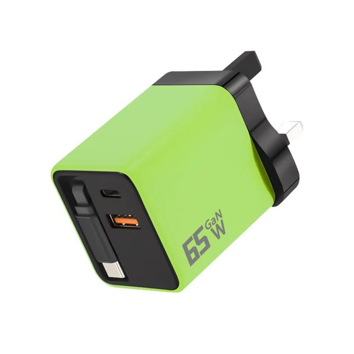 Cargador de pared GaN de 65 W con cable USB-C retráctil integrado y bloque de carga rápida de 3 puertos., US Plug, EU Plug, UK Plug