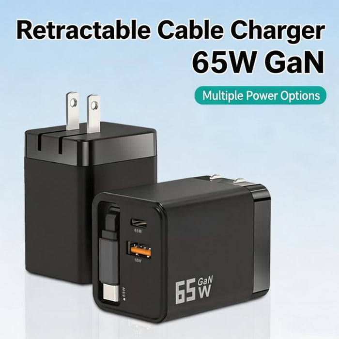 Cargador de pared GaN de 65 W con cable USB-C retráctil integrado y bloque de carga rápida de 3 puertos., US Plug, EU Plug, UK Plug