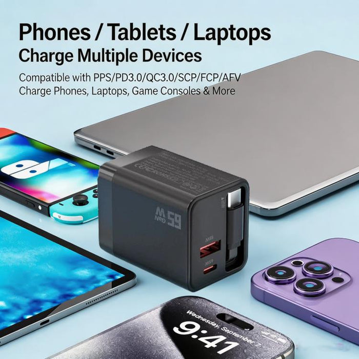 Cargador de pared GaN de 65 W con cable USB-C retráctil integrado y bloque de carga rápida de 3 puertos., US Plug, EU Plug, UK Plug