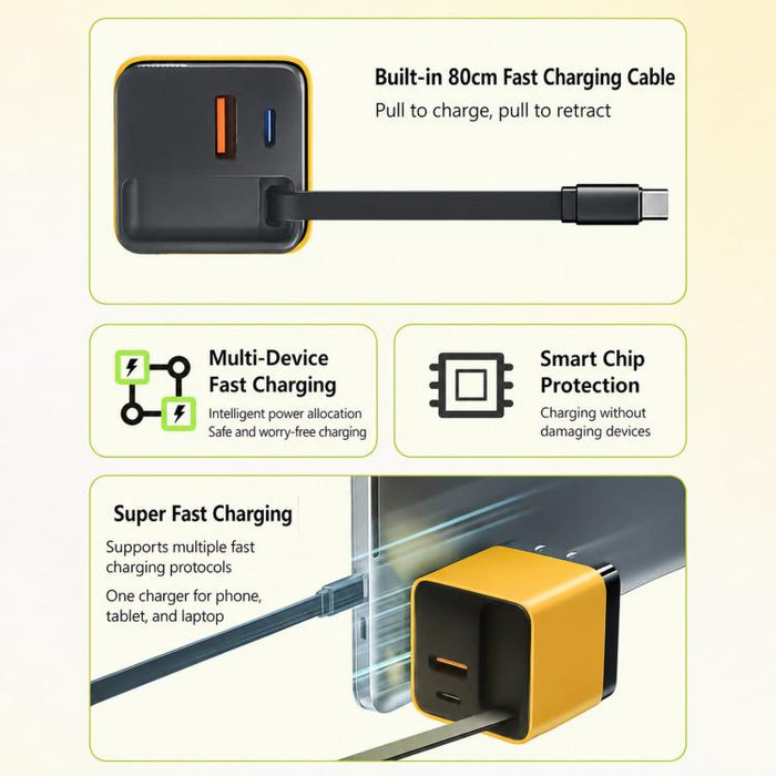 Cargador de pared GaN de 65 W con cable USB-C retráctil integrado y bloque de carga rápida de 3 puertos., US Plug, EU Plug, UK Plug