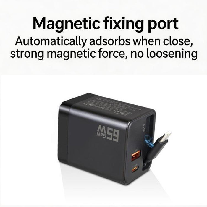 Cargador de pared GaN de 65 W con cable USB-C retráctil integrado y bloque de carga rápida de 3 puertos., US Plug, EU Plug, UK Plug