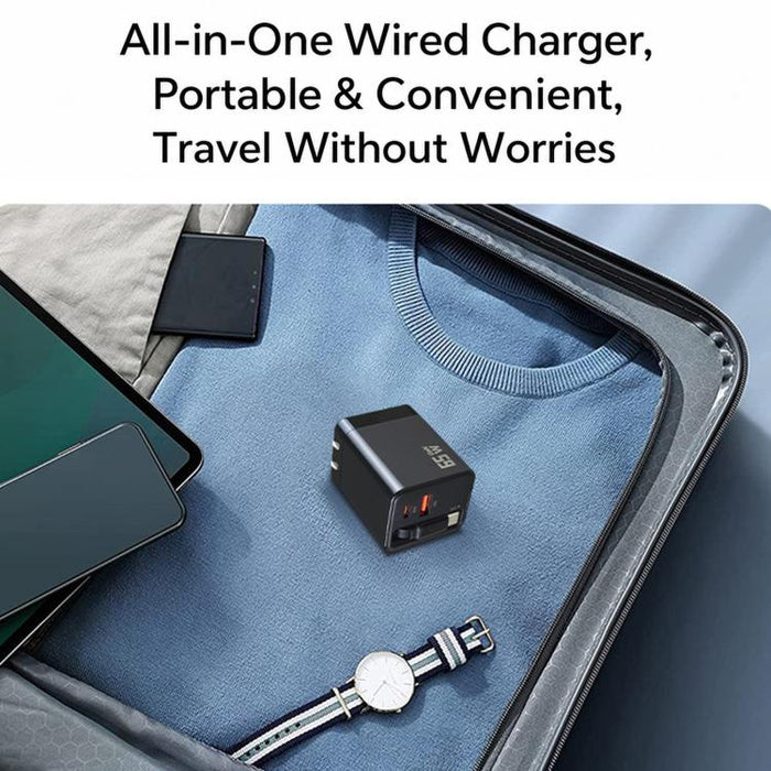 Cargador de pared GaN de 65 W con cable USB-C retráctil integrado y bloque de carga rápida de 3 puertos., US Plug, EU Plug, UK Plug