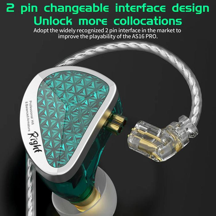 Auriculares intrauditivos con cable KZ-AS16 PRO de 1,2 m con 8 transductores y armadura balanceada pura., Green Standard, Green With Mic, Black Standard, Black With Mic