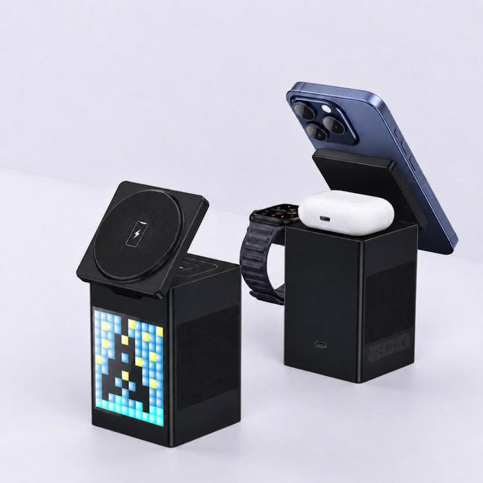 Estación de carga inalámbrica magnética 6 en 1 con altavoz Bluetooth Pixel Art y cargador rápido magnético para teléfono, Apple Watch y Eurbuds.