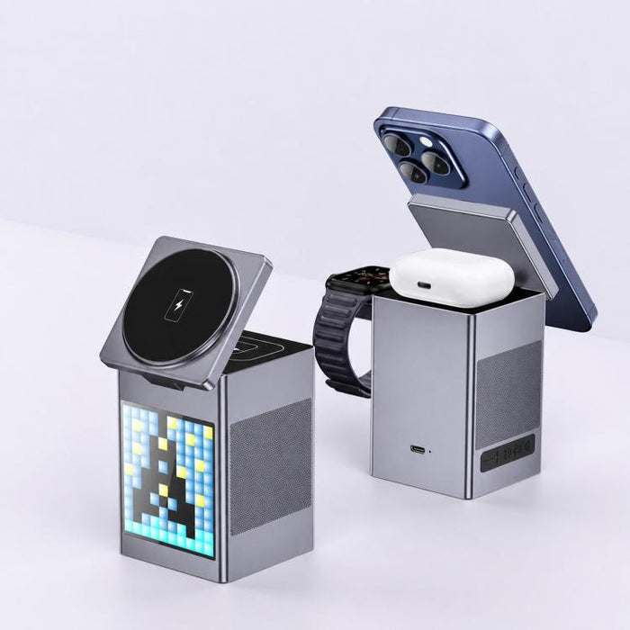 Estación de carga inalámbrica magnética 6 en 1 con altavoz Bluetooth Pixel Art y cargador rápido magnético para teléfono, Apple Watch y Eurbuds.