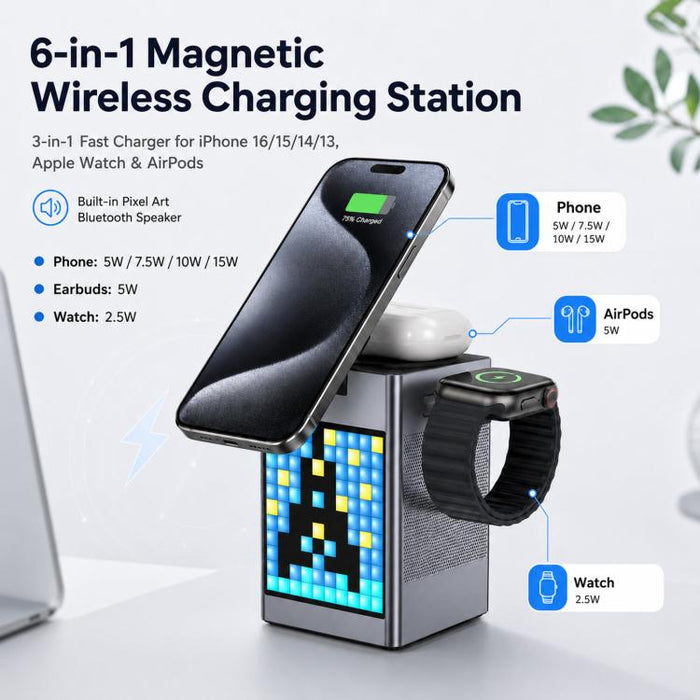 Estación de carga inalámbrica magnética 6 en 1 con altavoz Bluetooth Pixel Art y cargador rápido magnético para teléfono, Apple Watch y Eurbuds.