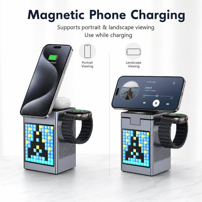 Estación de carga inalámbrica magnética 6 en 1 con altavoz Bluetooth Pixel Art y cargador rápido magnético para teléfono, Apple Watch y Eurbuds.