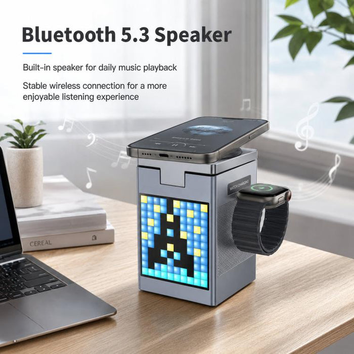 Estación de carga inalámbrica magnética 6 en 1 con altavoz Bluetooth Pixel Art y cargador rápido magnético para teléfono, Apple Watch y Eurbuds.