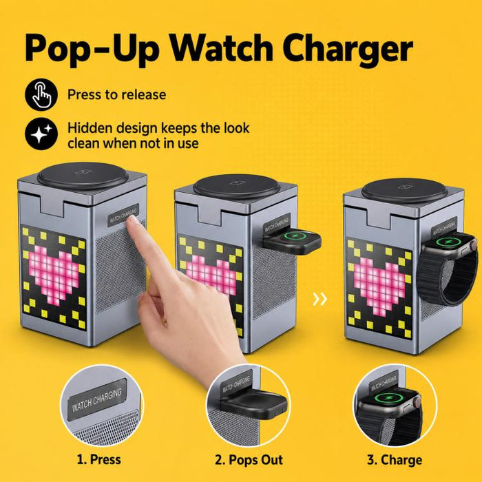 Estación de carga inalámbrica magnética 6 en 1 con altavoz Bluetooth Pixel Art y cargador rápido magnético para teléfono, Apple Watch y Eurbuds.