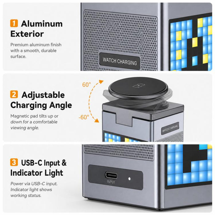 Estación de carga inalámbrica magnética 6 en 1 con altavoz Bluetooth Pixel Art y cargador rápido magnético para teléfono, Apple Watch y Eurbuds.
