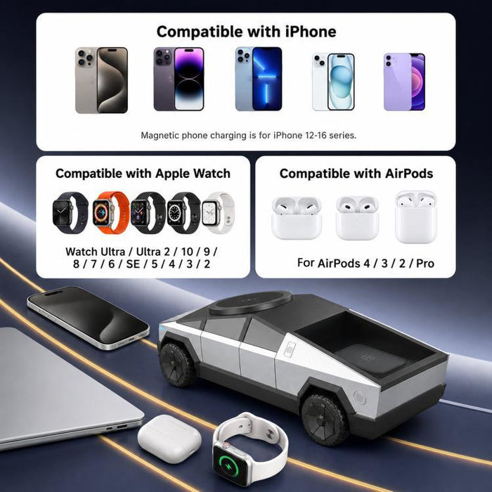 Estación de carga inalámbrica magnética 3 en 1 con forma de Cybertruck, base de carga rápida y soporte giratorio para teléfono, iWatch y AirPods.
