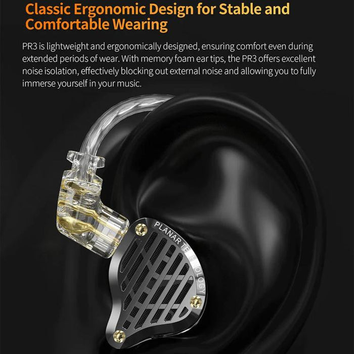 Auriculares intrauditivos con diafragma planar KZ-PR3 de 1,2 m con cable, para monitorización Hi-Fi, con cable reemplazable y altavoces planares., Black Standard, Black With Mic