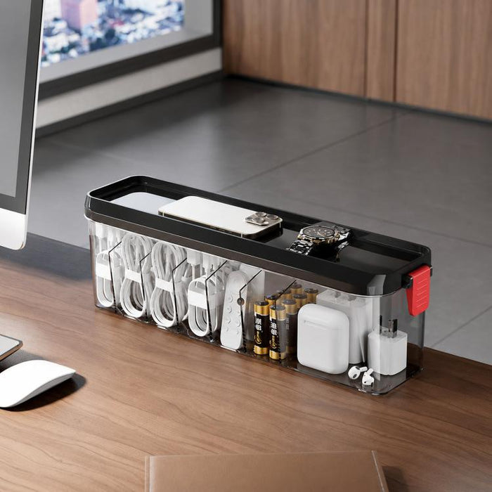Caja organizadora de cables apilable con tapa, delgada, de plástico, con múltiples compartimentos para cables de escritorio, organizador transparente para tocador y cajones de cosméticos.