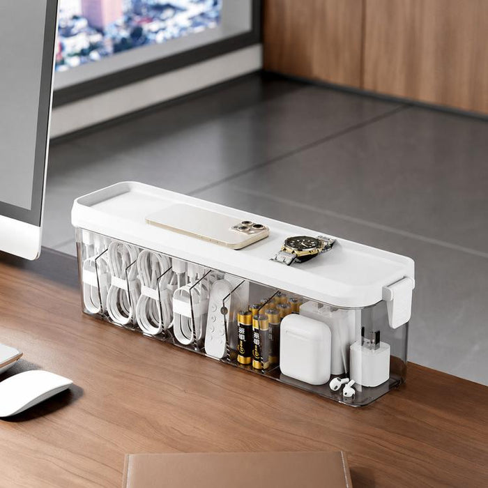 Caja organizadora de cables apilable con tapa, delgada, de plástico, con múltiples compartimentos para cables de escritorio, organizador transparente para tocador y cajones de cosméticos.