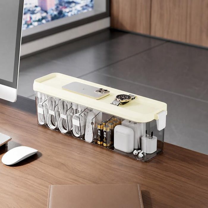 Caja organizadora de cables apilable con tapa, delgada, de plástico, con múltiples compartimentos para cables de escritorio, organizador transparente para tocador y cajones de cosméticos.