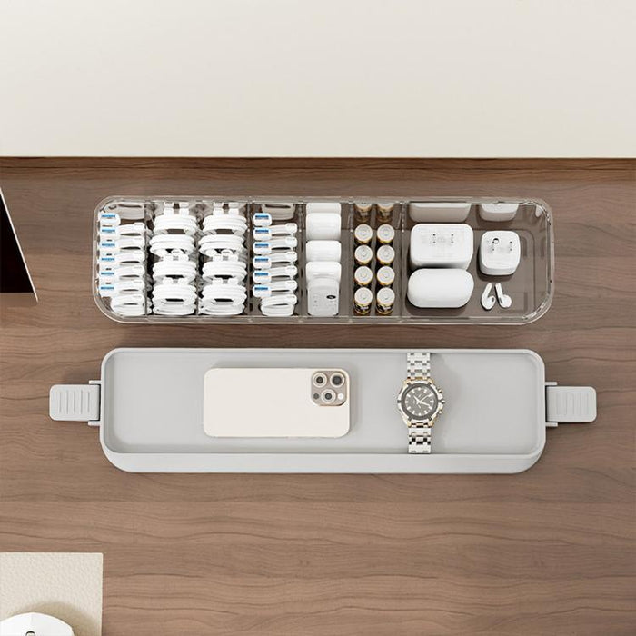 Caja organizadora de cables apilable con tapa, delgada, de plástico, con múltiples compartimentos para cables de escritorio, organizador transparente para tocador y cajones de cosméticos.