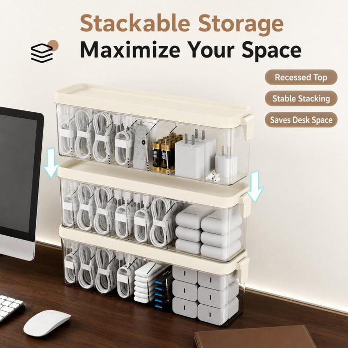 Caja organizadora de cables apilable con tapa, delgada, de plástico, con múltiples compartimentos para cables de escritorio, organizador transparente para tocador y cajones de cosméticos.