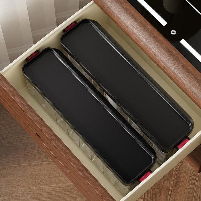 Caja organizadora de cables apilable con tapa, delgada, de plástico, con múltiples compartimentos para cables de escritorio, organizador transparente para tocador y cajones de cosméticos.