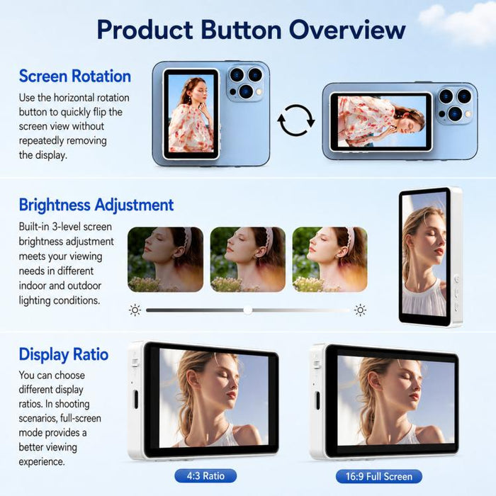Pantalla magnética para selfies, dispositivo de duplicación de pantalla para teléfono, cámara trasera, monitor de visualización inalámbrico