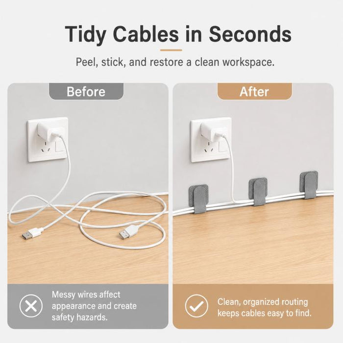 10 unidades/paquete de organizadores de cables adhesivos reutilizables con cierre de velcro para sujetar cables, clips para la gestión de cables debajo del escritorio o electrodomésticos., Gray