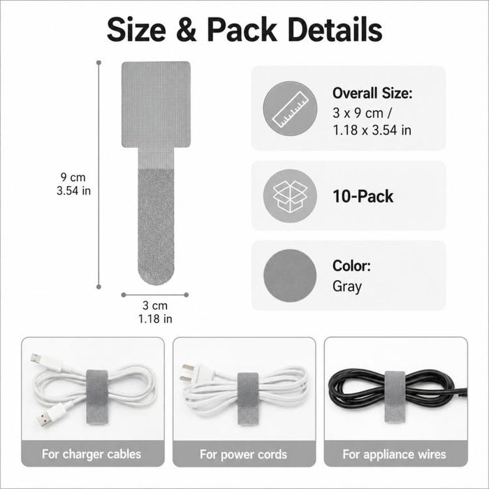 10 unidades/paquete de organizadores de cables adhesivos reutilizables con cierre de velcro para sujetar cables, clips para la gestión de cables debajo del escritorio o electrodomésticos., Gray