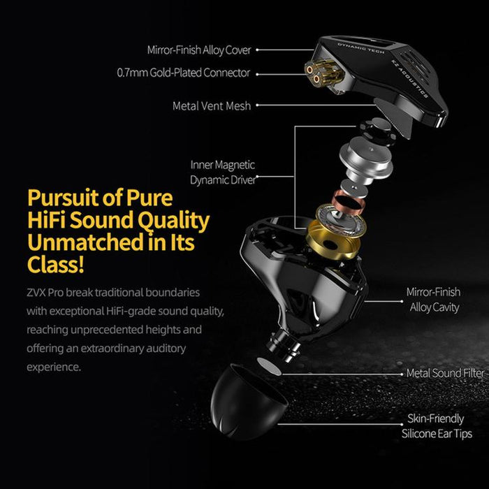 Auriculares intrauditivos dinámicos con cable KZ ZVX PRO de 1,2 m con graves profundos y sonido Hi-Fi., Standard, With Mic