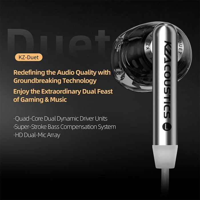 Auriculares con cable KZ-Duet de cuatro núcleos y doble controlador dinámico de 1,2 m, Black Standard 3.5mm, Black With Mic 3.5mm, White With Mic 3.5mm, Black Type-C Sound Card