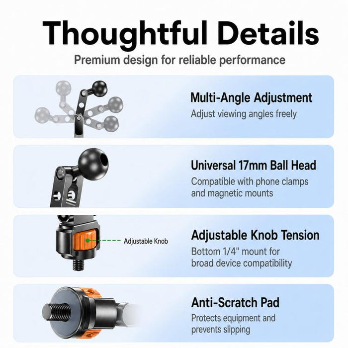 Soporte para trípode de teléfono con tornillo de 1/4 de pulgada para cámaras, monitores y aros de luz., Magnetic Mount, Tension Phone Clamp, 17mm Ball Joint Base Only