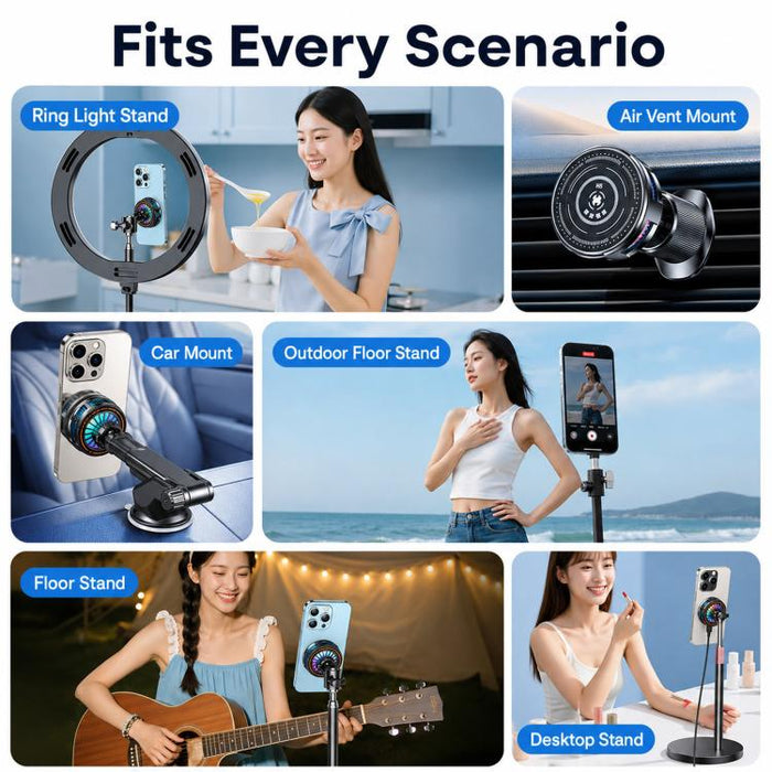 Ventilador de refrigeración magnético para teléfono con rótula de 17 mm y 3 velocidades para semiconductores., H8A Cooler Only, with Air Vent Clip C50, with Telescopic Suction Mount C12, with Desktop Live Stand A124, with Floor Tripod KP002            ...
