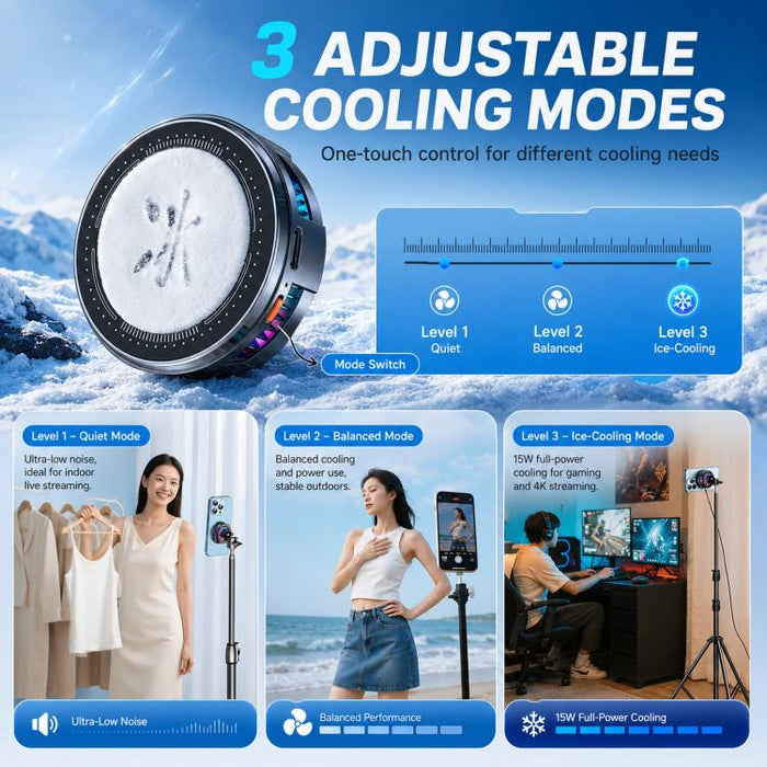 Ventilador de refrigeración magnético para teléfono con rótula de 17 mm y 3 velocidades para semiconductores., H8A Cooler Only, with Air Vent Clip C50, with Telescopic Suction Mount C12, with Desktop Live Stand A124, with Floor Tripod KP002            ...
