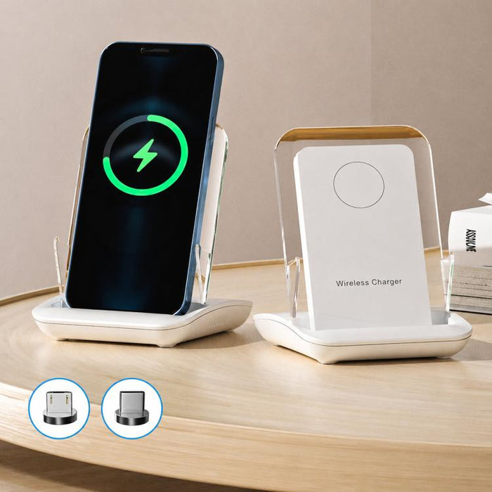 Soporte de escritorio para teléfono con base de carga magnética y amplificador de sonido pasivo, A9299 (White)