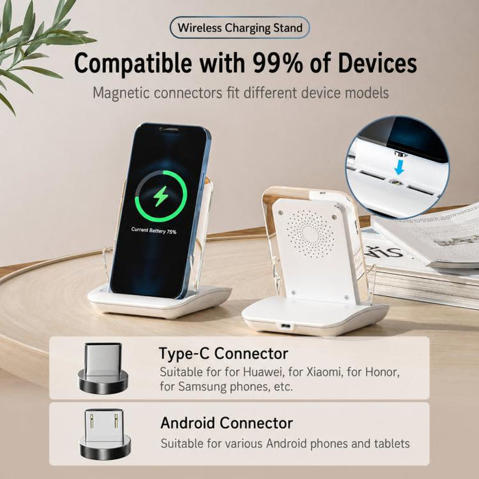 Soporte de escritorio para teléfono con base de carga magnética y amplificador de sonido pasivo, A9299 (White)
