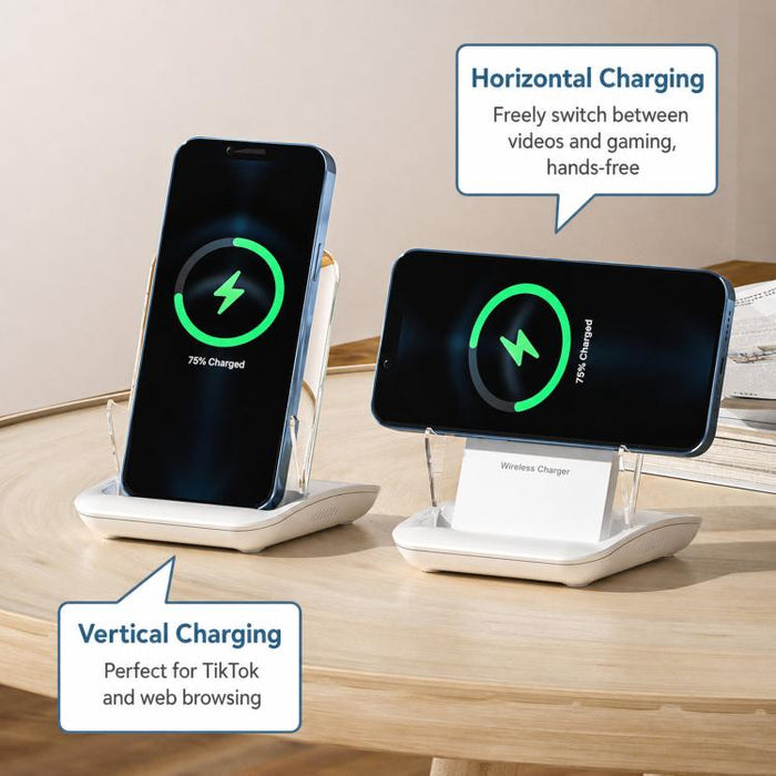 Soporte de escritorio para teléfono con base de carga magnética y amplificador de sonido pasivo, A9299 (White)