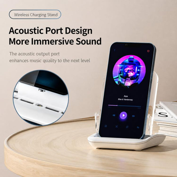 Soporte de escritorio para teléfono con base de carga magnética y amplificador de sonido pasivo, A9299 (White)