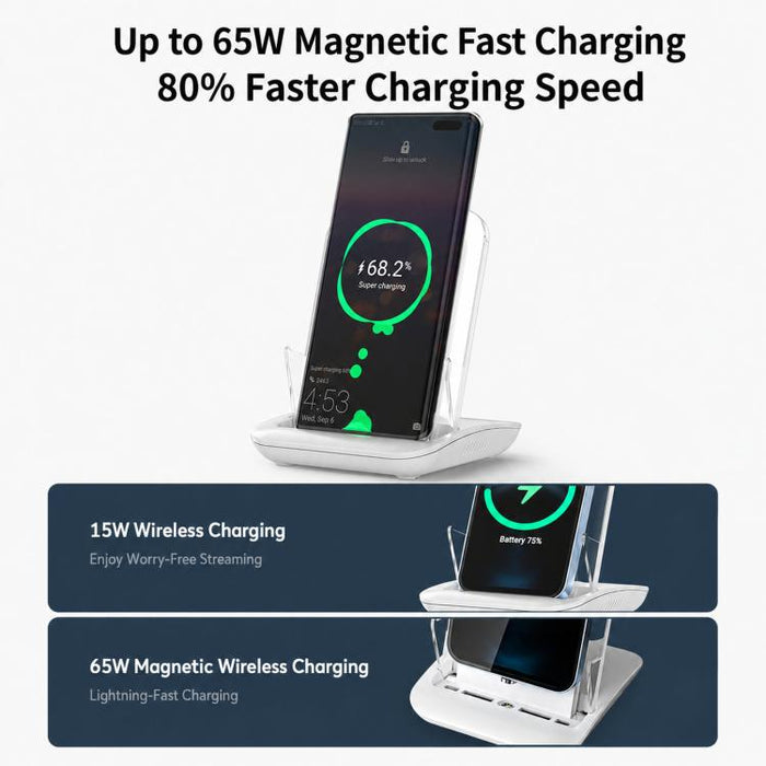 Soporte de escritorio para teléfono con base de carga magnética y amplificador de sonido pasivo, A9299 (White)