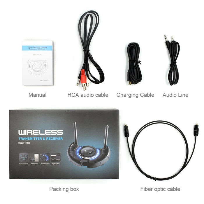 TX800 Fibra óptica Bluetooth 5.0 Transmisor Receptor Adaptador de audio con antenas duales y pantalla OLED