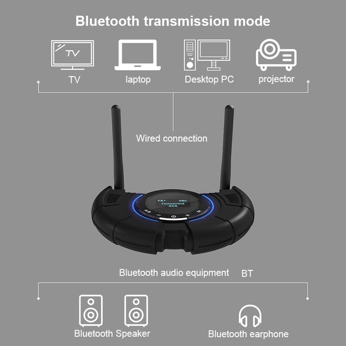 TX800 Fibra óptica Bluetooth 5.0 Transmisor Receptor Adaptador de audio con antenas duales y pantalla OLED