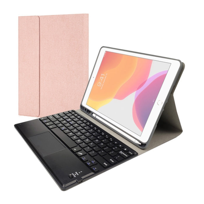 Teclado Bluetooth de plástico magnético desmontable RK102C con panel táctil + funda de tableta de TPU con patrón de seda para iPad 10.2, con ranura para bolígrafo y soporte