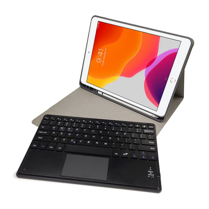 Teclado Bluetooth de plástico magnético desmontable RK102C con panel táctil + funda de tableta de TPU con patrón de seda para iPad 10.2, con ranura para bolígrafo y soporte