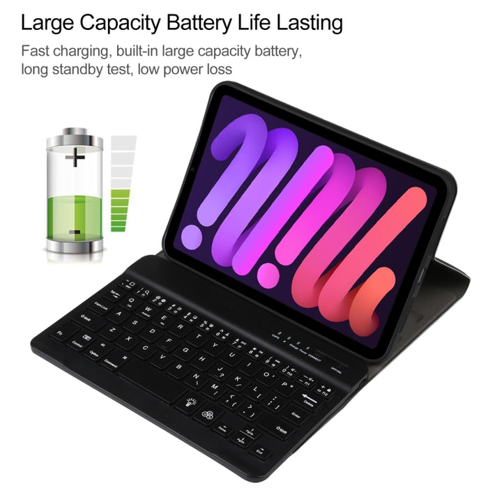 A06S Desmontable Textura de piel de cordero Ultra-delgado TPU Retroiluminación Teclado Bluetooth Funda de cuero para tableta con soporte para iPad mini 6