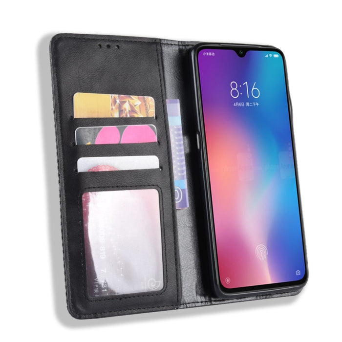 Funda de cuero con tapa horizontal con textura retro y hebilla magnética para Xiaomi Mi 9, con soporte, ranuras para tarjetas y billetera, For Xiaomi Mi 9